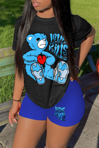 Blue Black Casual Print Patchwork O Neck Short Sleeve Two Pieces