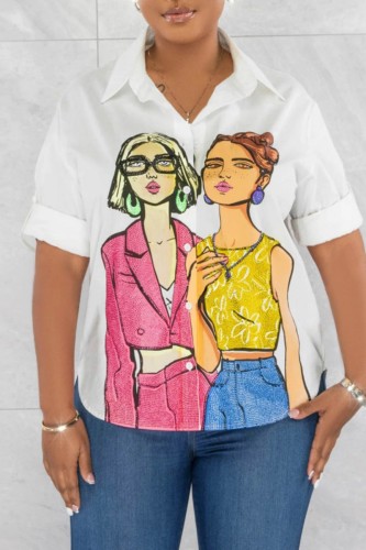 White Casual Print Basic Shirt Collar Tops