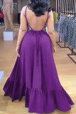 Purple Sexy Casual Solid Bandage Backless O Neck Long Dress Dresses