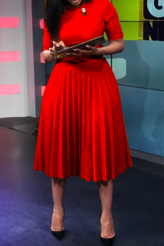 Red Casual Print Fold O Neck Waist Skirt Dresses