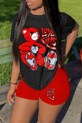 Black Red Casual Print Patchwork O Neck Short Sleeve Two Pieces
