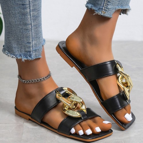 Black Casual Daily Patchwork Metal Accessories Decoration Square Comfortable Shoes