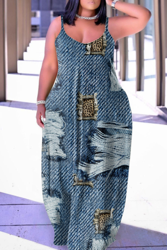 Blue Sexy Print Backless Spaghetti Strap Long Dress Dresses