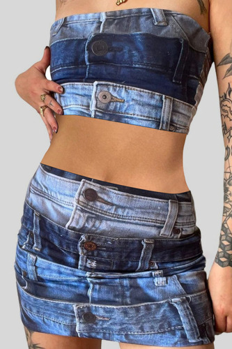 Blue Street Print Patchwork Strapless Sleeveless Two Pieces