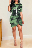 Rose Red Casual Camouflage Print Patchwork O Neck Short Sleeve Dress