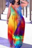 Blue Plus Size Rainbow Multicolor Vacation Suspender Long Maxi Dresses