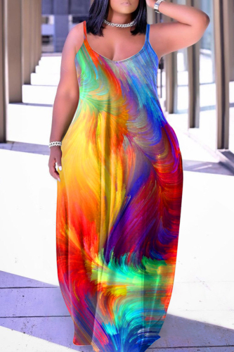 Multicolor Plus Size Rainbow Multicolor Vacation Suspender Long Maxi Dresses