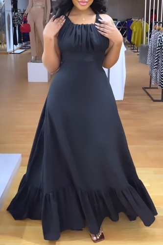 Black Sexy Casual Solid Bandage Backless O Neck Long Dress Dresses