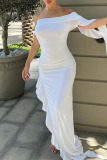 White Sexy Solid Patchwork Flounce Asymmetrical Off the Shoulder Irregular Dress Dresses
