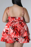 Rose Red Casual Print Patchwork Spaghetti Strap Plus Size Two Pieces