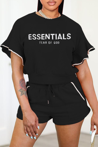 Black Casual Letter Print Patchwork O Neck Short Sleeve Two Pieces