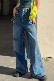 Blue Casual Street Solid Pocket Loose Denim Jeans