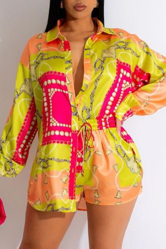 Yellow Casual Print Patchwork Shirt Collar Long Sleeve Two Pieces