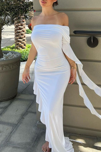 White Sexy Solid Patchwork Flounce Asymmetrical Off the Shoulder Irregular Dress Dresses
