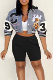Burgundy Street Print Patchwork Hooded Collar Long Sleeve Two Pieces