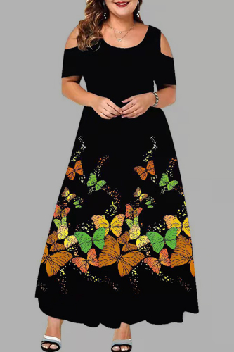 Yellow Casual Print Patchwork O Neck Short Sleeve Dress Plus Size Dresses