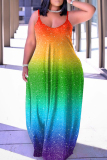 Blue Plus Size Rainbow Multicolor Vacation Suspender Long Maxi Dresses