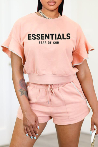 Pink Casual Letter Print Patchwork O Neck Short Sleeve Two Pieces