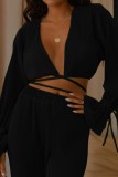 Black Casual Solid Bandage V Neck Long Sleeve Two Pieces