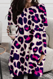 Black White Casual Print Leopard Patchwork O Neck Irregular Dress Dresses