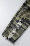 Camouflage Sexy Street Print Camouflage Print Ripped Patchwork Skinny High Waist Pencil Full Print Bottoms