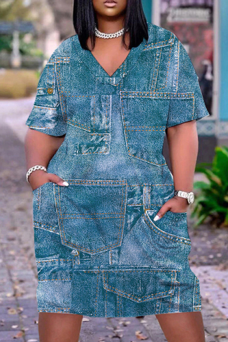 Navy Blue Casual Print Patchwork V Neck Short Sleeve Dress