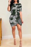 Grey Casual Camouflage Print Patchwork O Neck Short Sleeve Dress