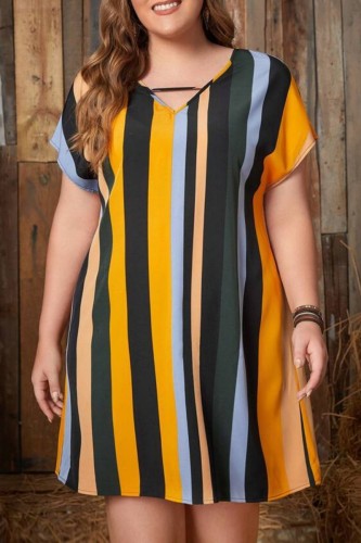 Yellow Casual Striped Print Basic V Neck Short Sleeve Dress Plus Size Dresses