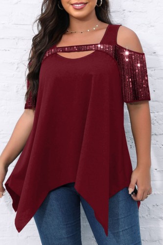 Burgundy Casual Solid Hollowed Out Patchwork O Neck Plus Size Tops