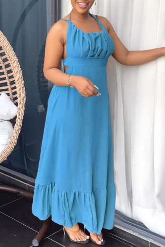 Blue Sexy Casual Solid Bandage Backless O Neck Long Dress Dresses