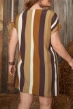 Khaki Casual Striped Print Basic V Neck Short Sleeve Dress Plus Size Dresses