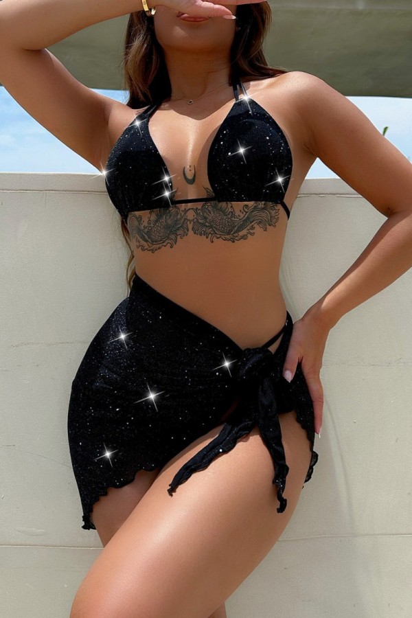 Black Sexy Solid Bandage Backless Swimsuit Three Piece Set (With Paddings)