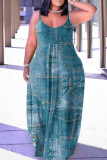 Blue Sexy Print Backless Spaghetti Strap Long Dress Dresses