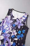 Dark Purple Casual Print Patchwork U Neck Vest Dress Dresses