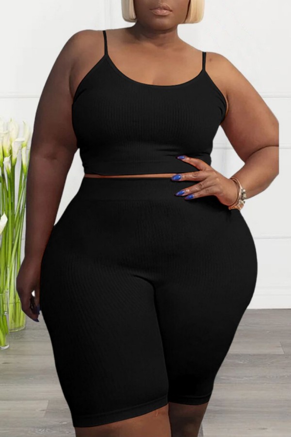 Black Sexy Casual Solid Backless Spaghetti Strap Plus Size Two Pieces