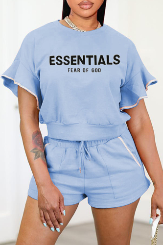 Blue Casual Letter Print Patchwork O Neck Short Sleeve Two Pieces