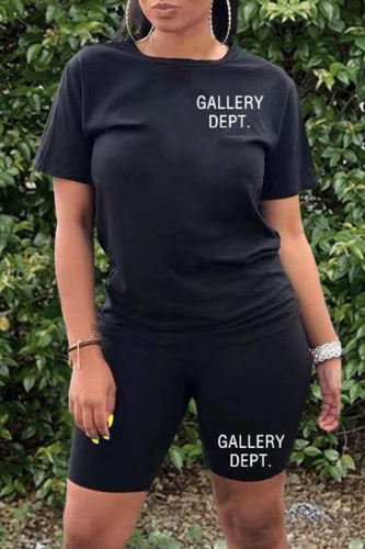 Black Casual Letter Print Basic O Neck Short Sleeve Two Pieces