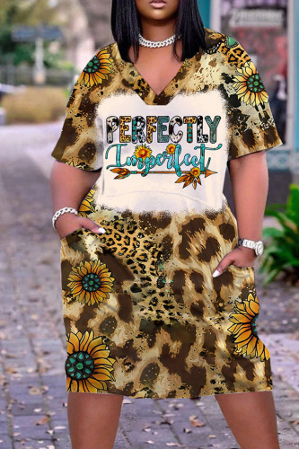 Dark Khaki Casual Graphic Print Short V Neck Sleeve Knee Length African Style Loose Straight Midi Dress