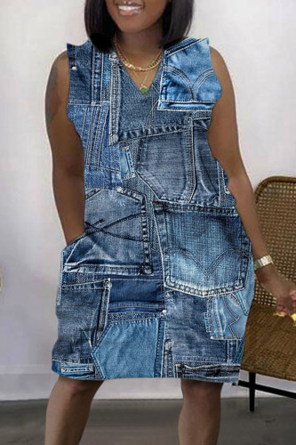The cowboy blue Casual Print Patchwork V Neck Straight Dresses