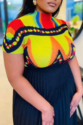 Black Yellow Casual Elegant Gradual Change Print Patchwork Fold O Neck Short Sleeve Two Pieces
