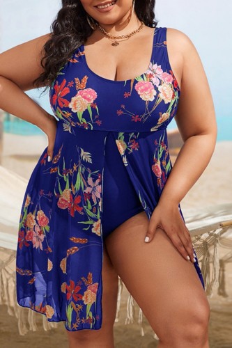 Dark Blue Sexy Print Backless U Neck Plus Size Swimwear (With Paddings)