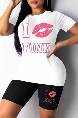 White Casual Street Print Letter O Neck Plus Size Two Pieces