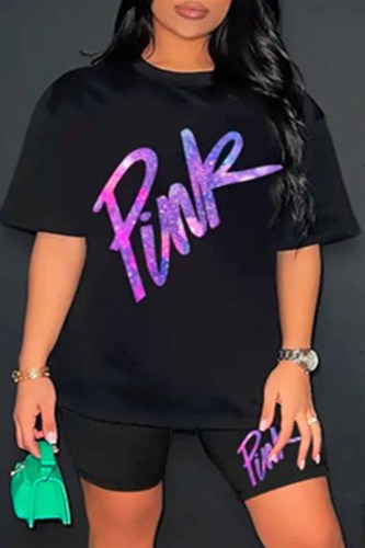 Black Street Print Letter O Neck Plus Size Two Pieces