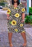 Colour Casual Graphic Print Short V Neck Sleeve Knee Length African Style Loose Straight Midi Dress