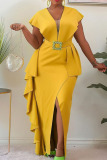 Yellow Elegant Solid Patchwork Flounce Slit Asymmetrical V Neck One Step Skirt Dresses