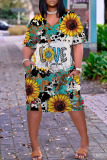 Colour Casual Graphic Print Short V Neck Sleeve Knee Length African Style Loose Straight Midi Dress
