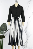 Black Casual Elegant Print Patchwork Buckle Turndown Collar A Line Dresses
