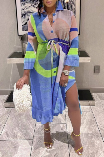 Sky Blue Casual Elegant Print Patchwork Buckle Flounce Fold Turndown Collar Straight Dresses