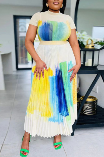 White Casual Elegant Gradual Change Print Patchwork Fold O Neck Short Sleeve Two Pieces