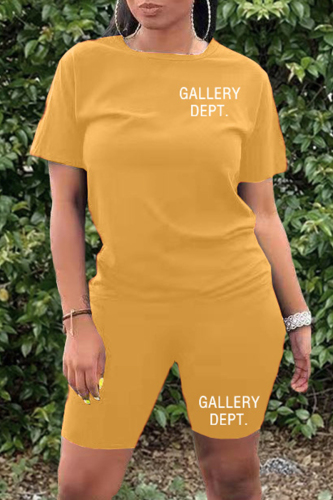 Yellow Casual Letter Print Basic O Neck Short Sleeve Two Pieces